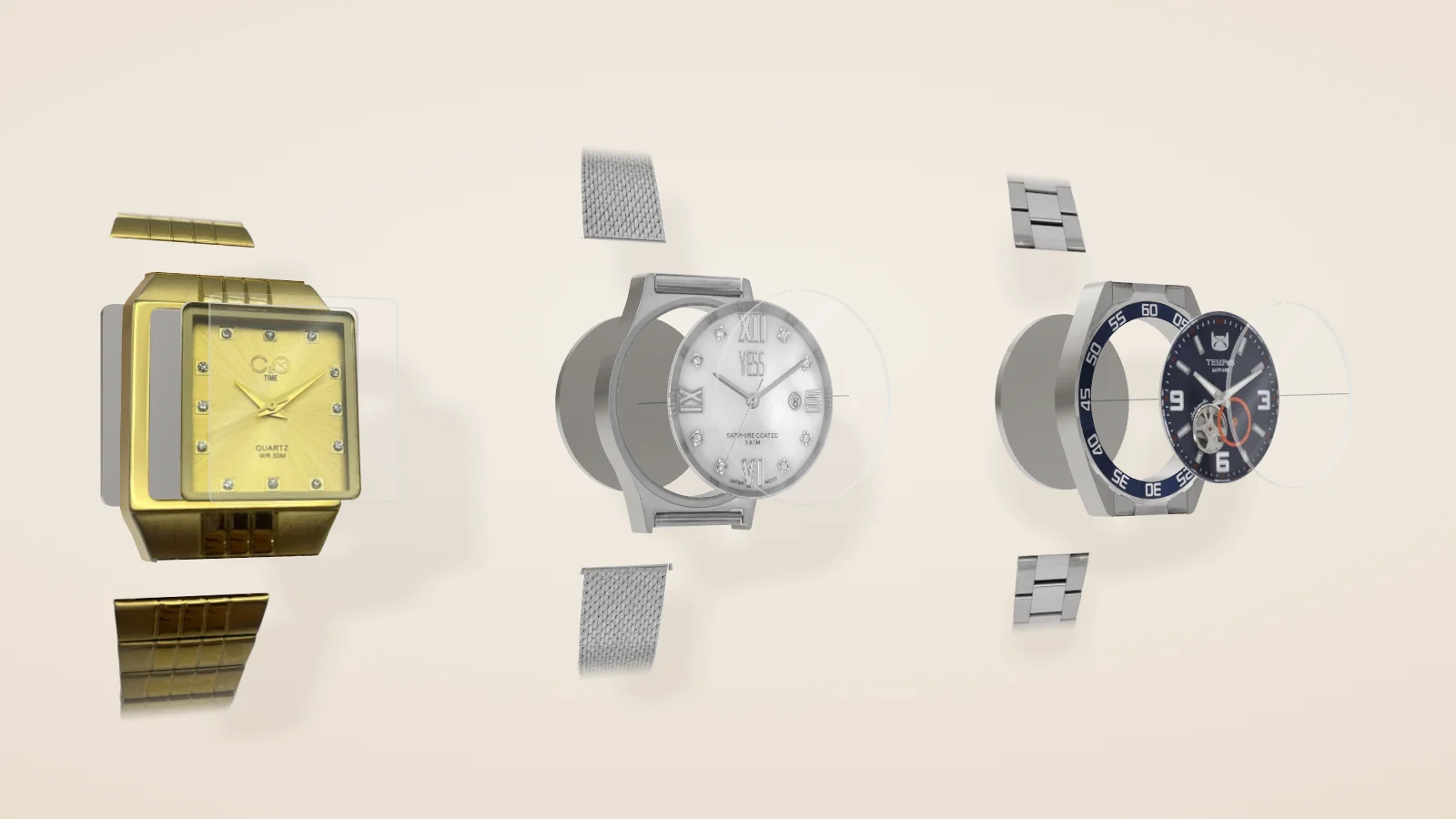 C&O 0829A-1, Yess Y25055 M01 y Tempus S17581A-06 separados en capas: cristal, esfera, caja, tapa y correa.